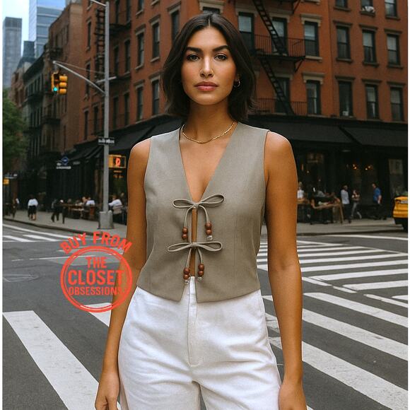 ZARA Sleeveless Linen Vest NWT | Beige Beaded Tie-Front Top Size L - Picture 1 of 16